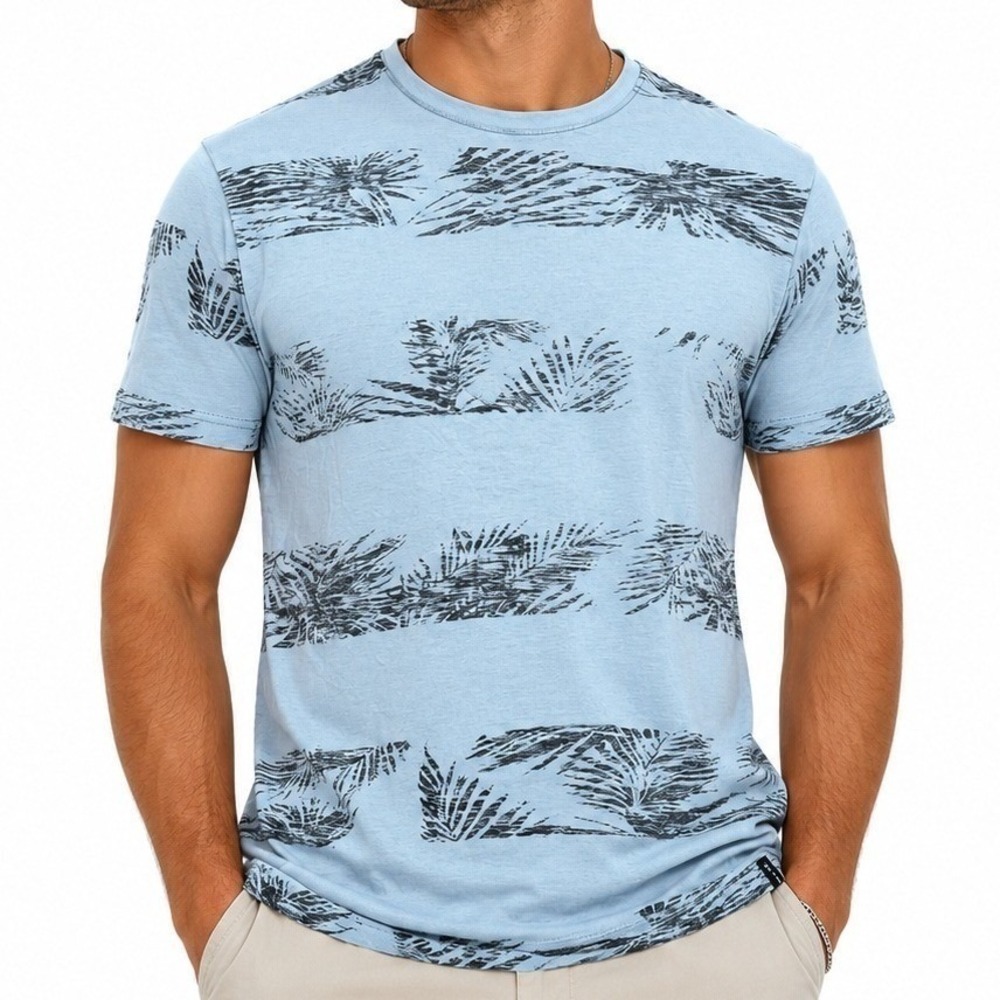 Indicode T-Shirt Men XL Blue Black Palm Leaf Stripe Cotton Tropical Vacation NEW